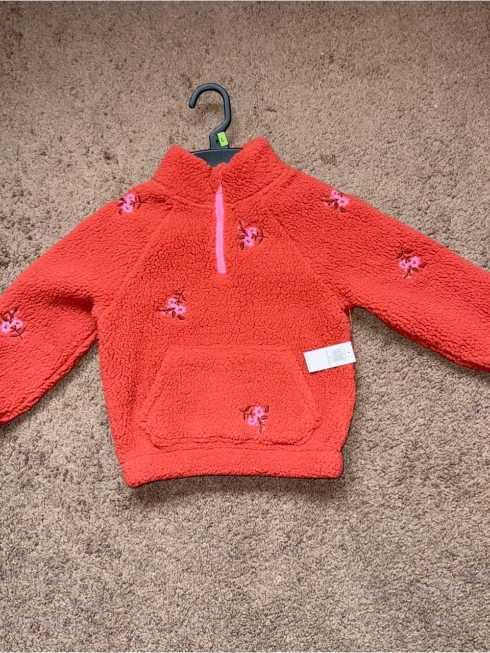 Girls' Coral Sherpa Pullover with Pink Floral Embroidery